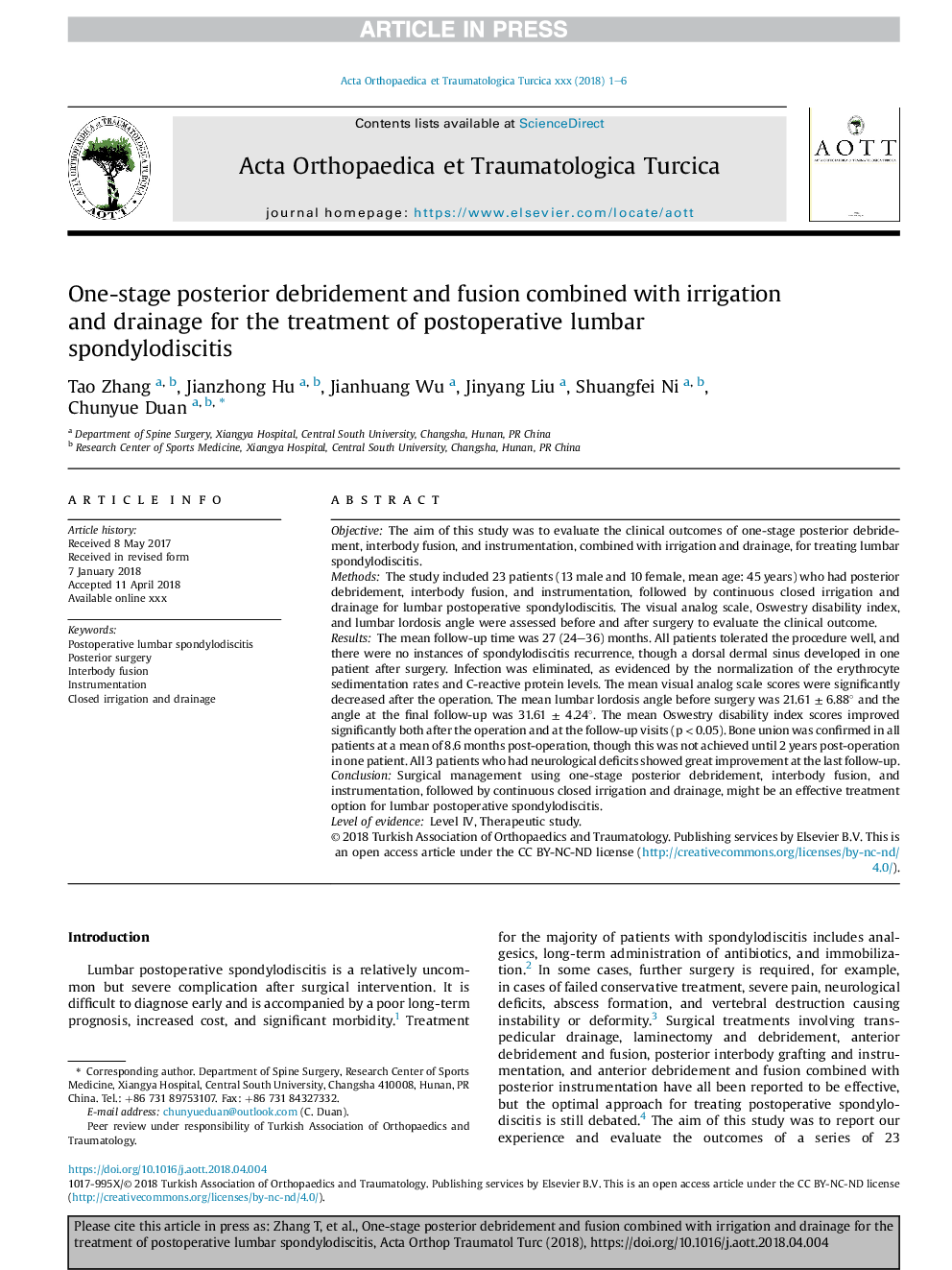 One-stage posterior debridement and fusion combined with irrigation and drainage for the treatment of postoperative lumbar spondylodiscitis