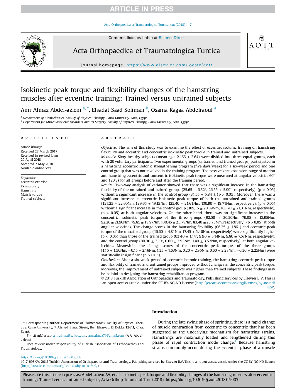 Isokinetic peak torque and flexibility changes of the hamstring muscles after eccentric training: Trained versus untrained subjects