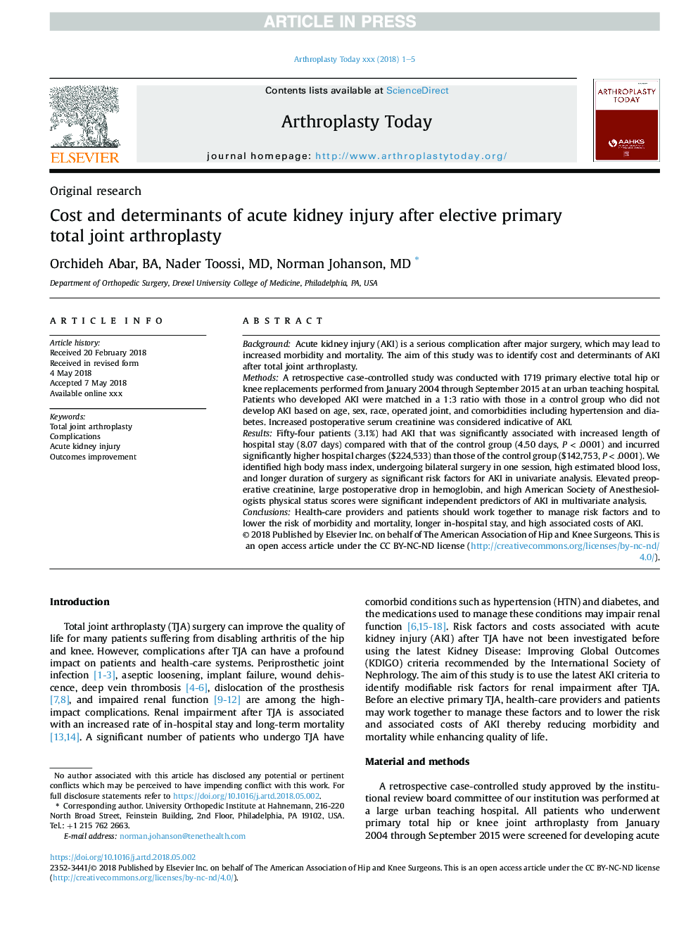 Cost and determinants of acute kidney injury after elective primary total joint arthroplasty