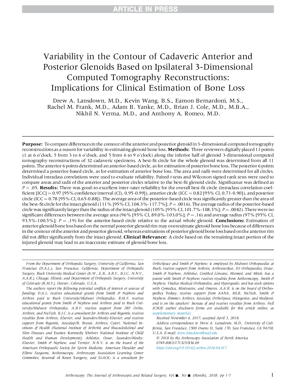 Variability in the Contour of Cadaveric Anterior and Posterior Glenoids Based on Ipsilateral 3-Dimensional Computed Tomography Reconstructions: Implications for Clinical Estimation of Bone Loss