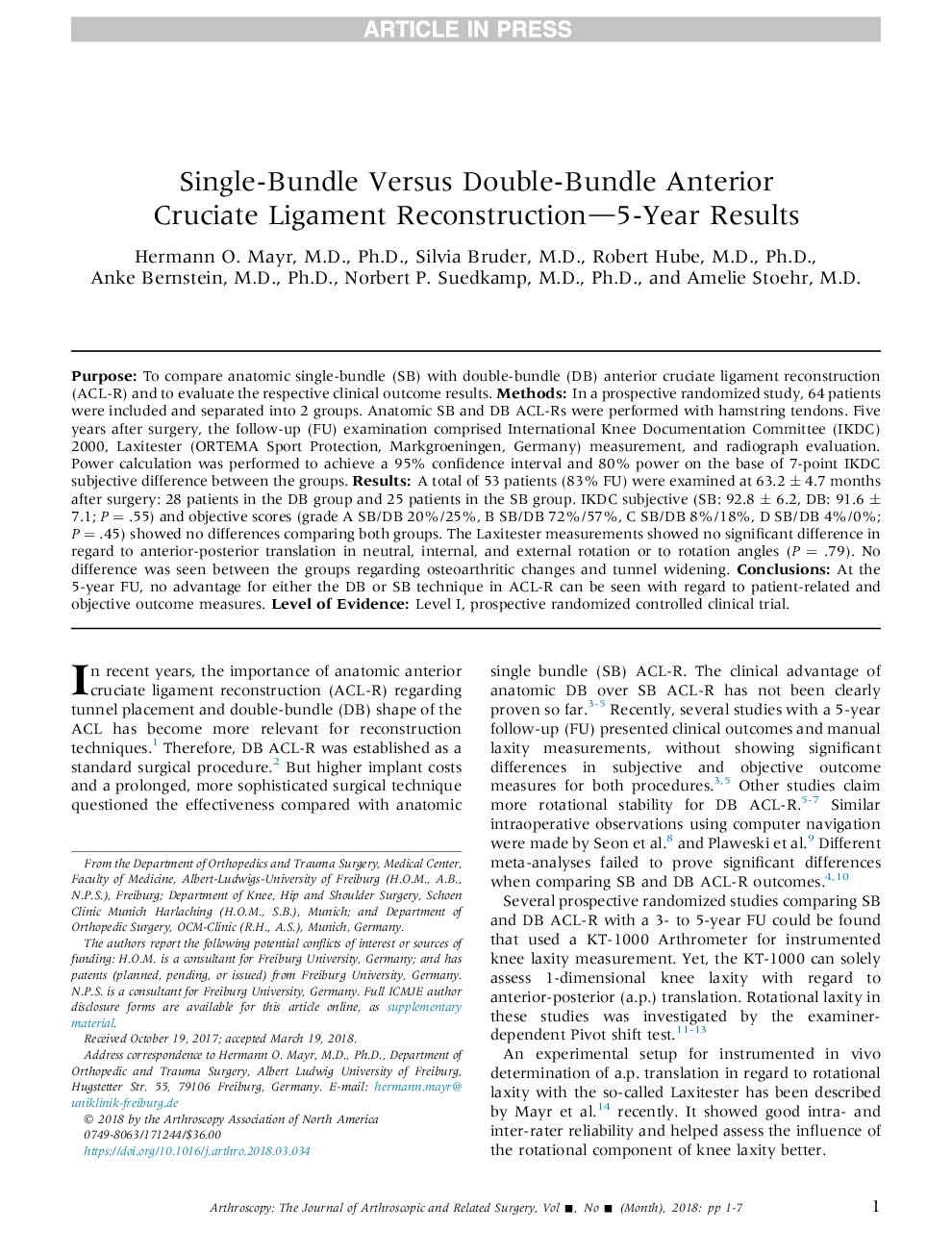 Single-Bundle Versus Double-Bundle Anterior Cruciate Ligament Reconstruction-5-Year Results