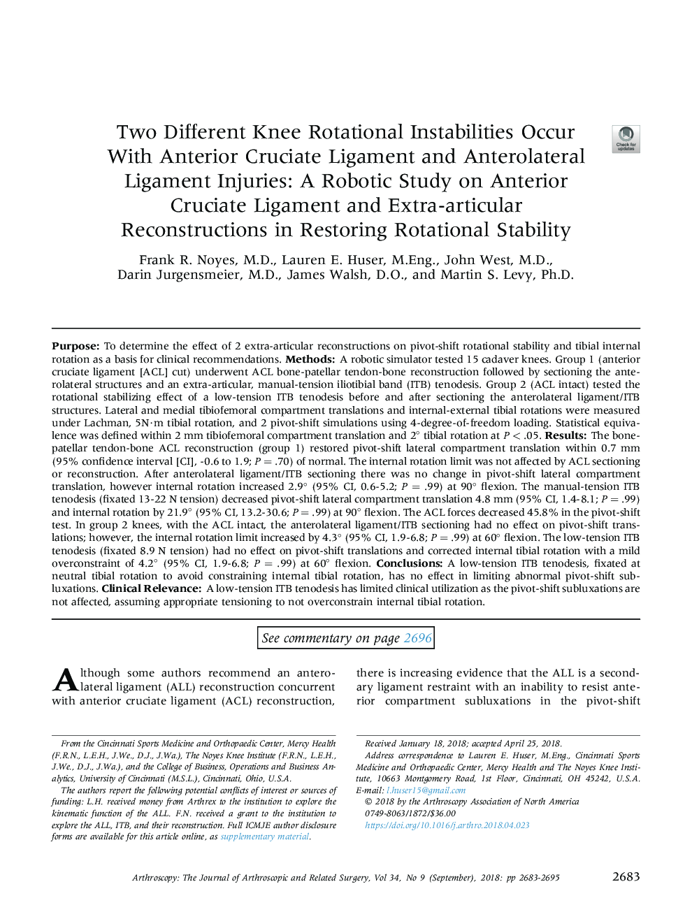 Two Different Knee Rotational Instabilities Occur With Anterior Cruciate Ligament and Anterolateral Ligament Injuries: A Robotic Study on Anterior Cruciate Ligament and Extra-articular Reconstructions in Restoring Rotational Stability