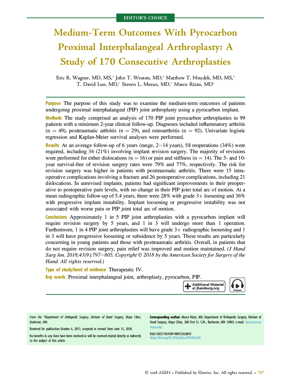 Medium-Term Outcomes With Pyrocarbon ProximalÂ Interphalangeal Arthroplasty: A StudyÂ ofÂ 170Â Consecutive Arthroplasties