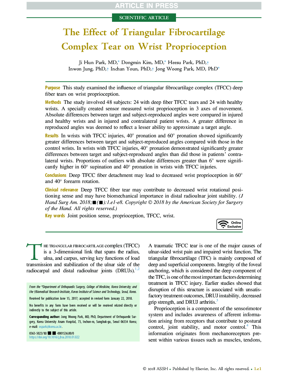 The Effect of Triangular Fibrocartilage Complex Tear on Wrist Proprioception