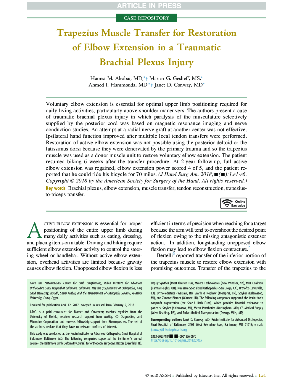 Trapezius Muscle Transfer for Restoration of Elbow Extension in a Traumatic Brachial Plexus Injury