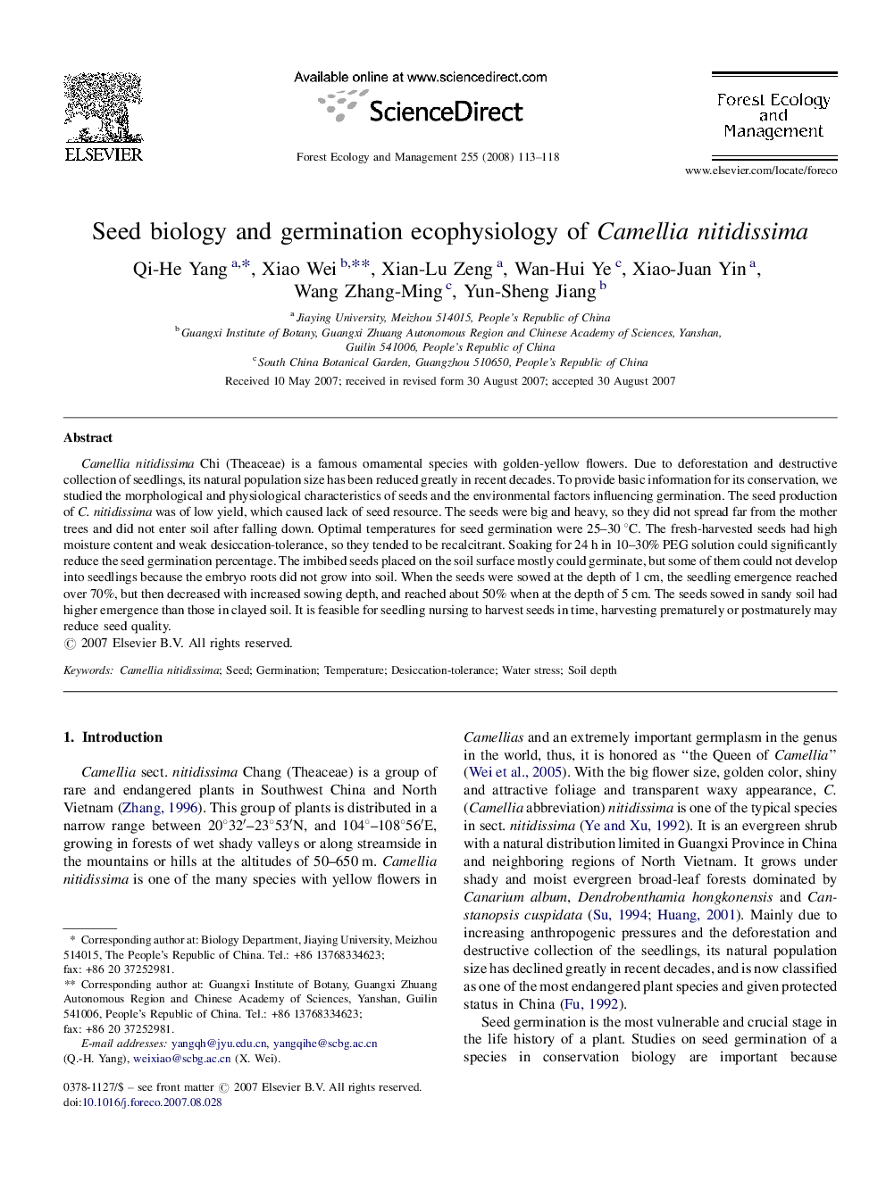 Seed biology and germination ecophysiology of Camellia nitidissima