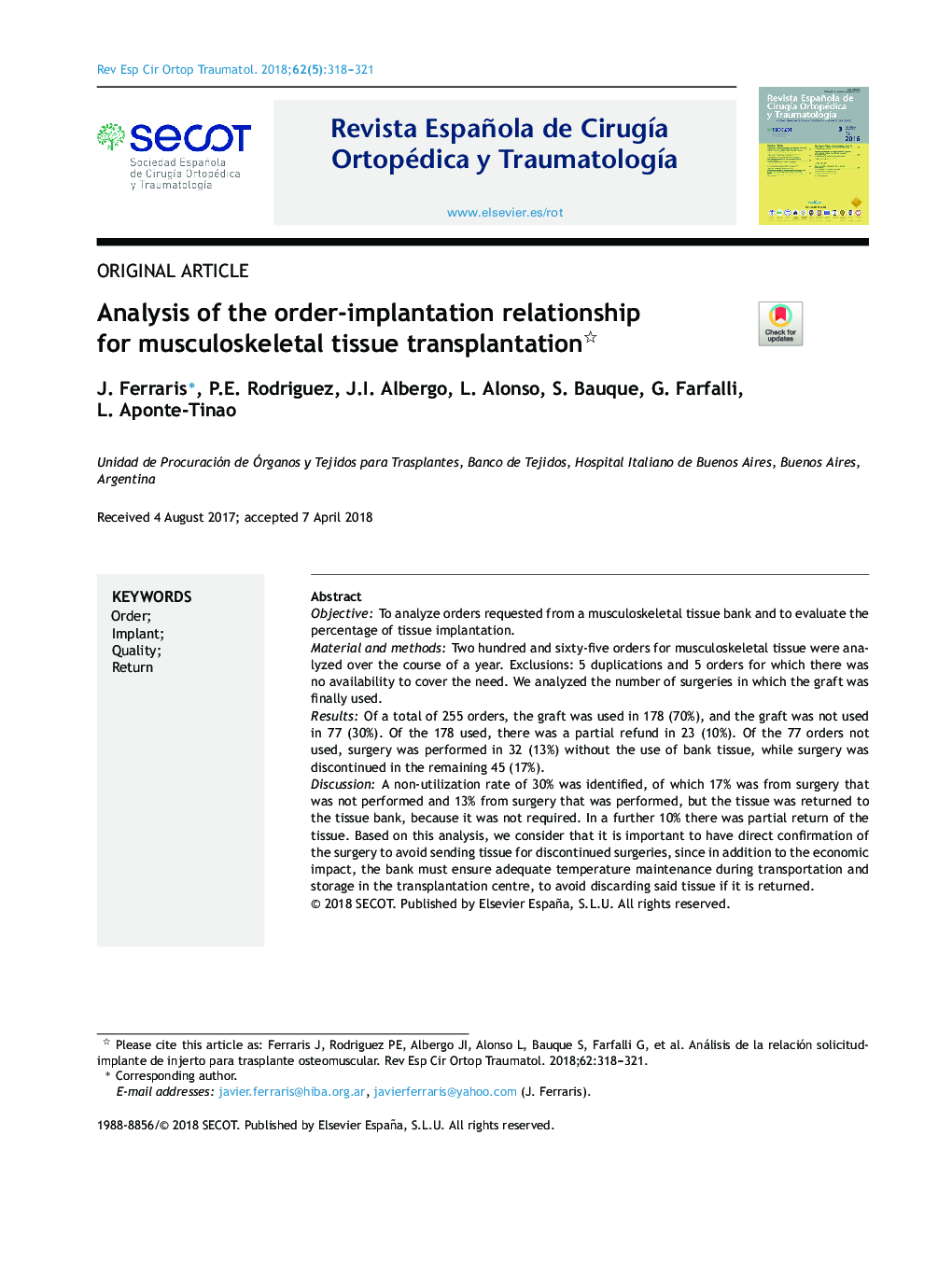 Analysis of the order-implantation relationship for musculoskeletal tissue transplantation