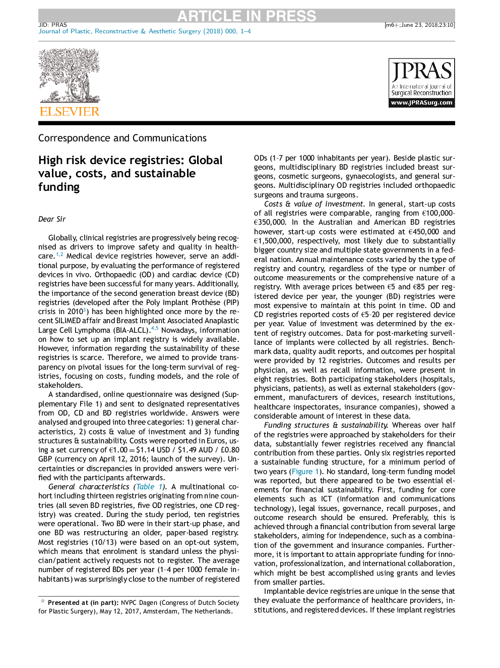 High risk device registries: Global value, costs, and sustainable funding