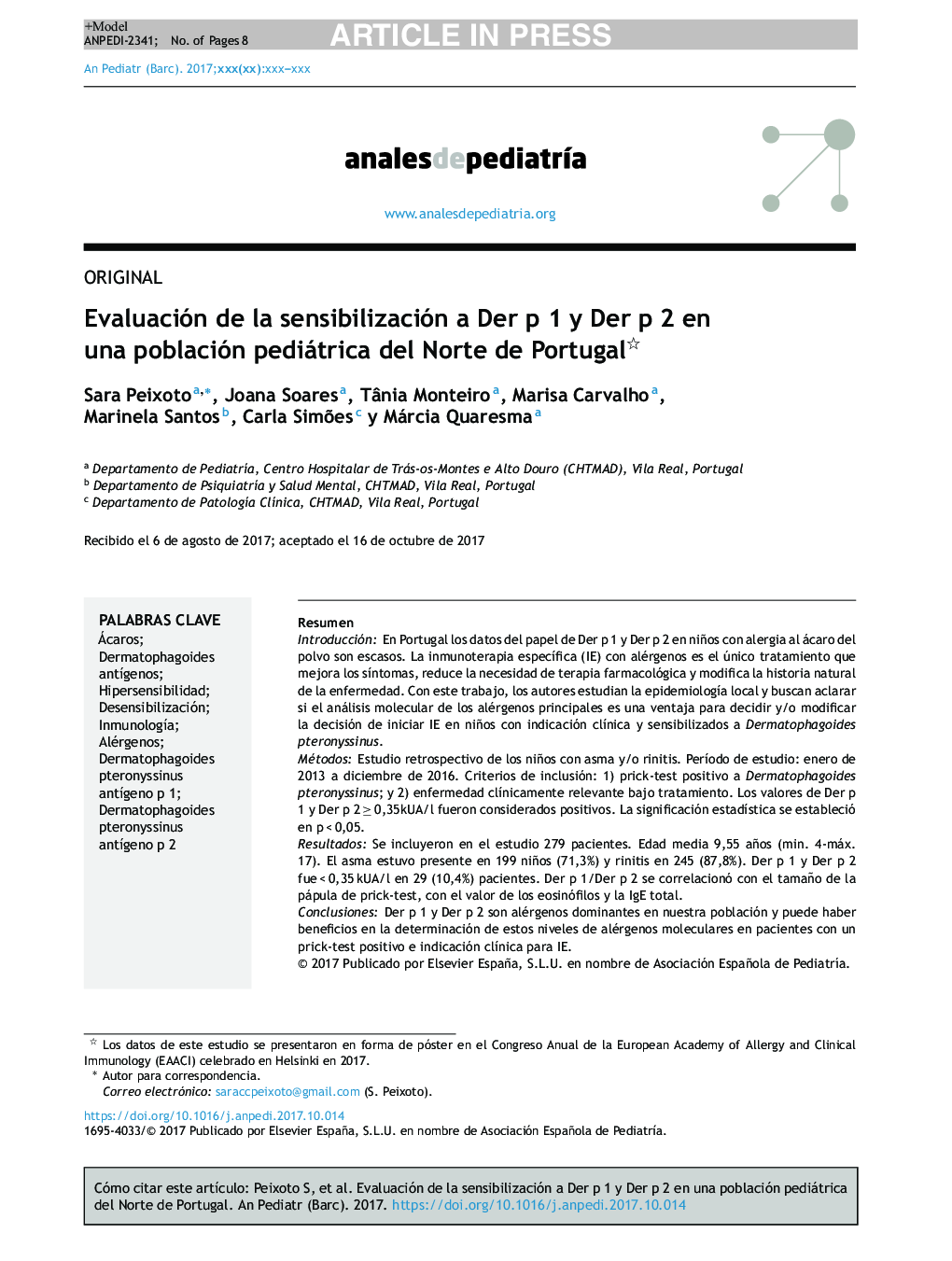 Evaluación de la sensibilización a Der p 1 y Der p 2 en una población pediátrica del Norte de Portugal