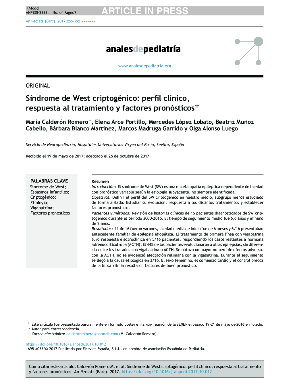 SÃ­ndrome de West criptogénico: perfil clÃ­nico, respuesta al tratamiento y factores pronósticos