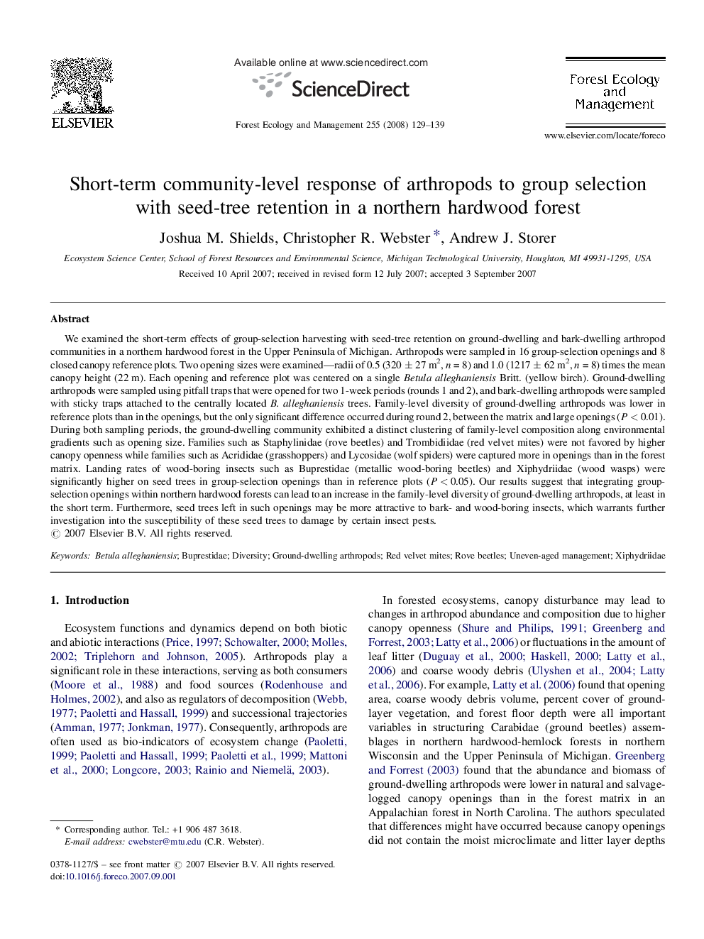 Short-term community-level response of arthropods to group selection with seed-tree retention in a northern hardwood forest