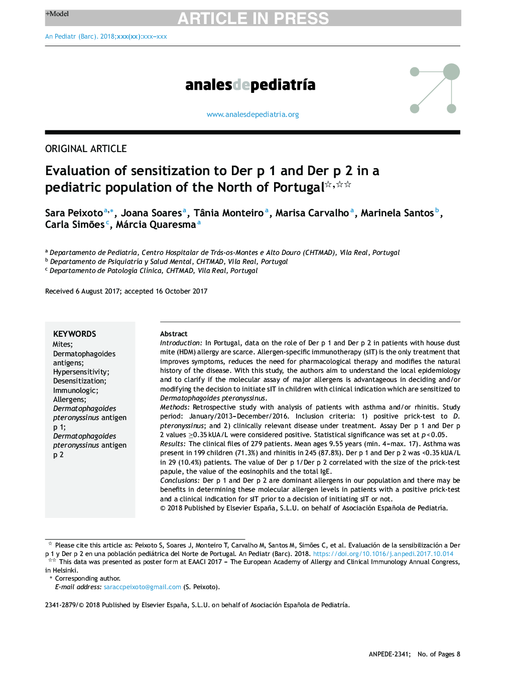Evaluation of sensitization to Der p 1 and Der p 2 in a pediatric population of the North of Portugal