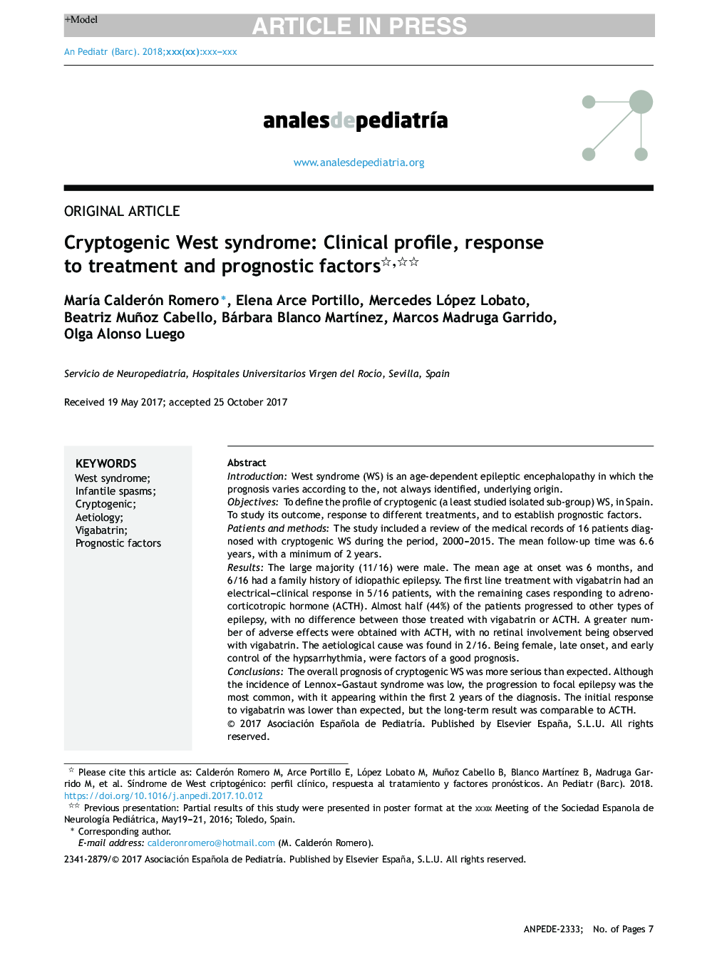 Cryptogenic West syndrome: Clinical profile, response to treatment and prognostic factors