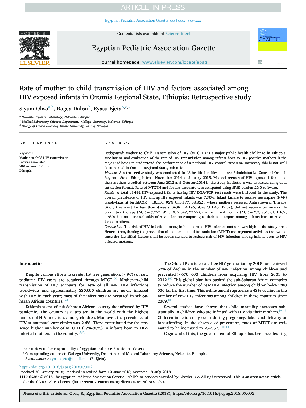 Rate of mother to child transmission of HIV and factors associated among HIV exposed infants in Oromia Regional State, Ethiopia: Retrospective study
