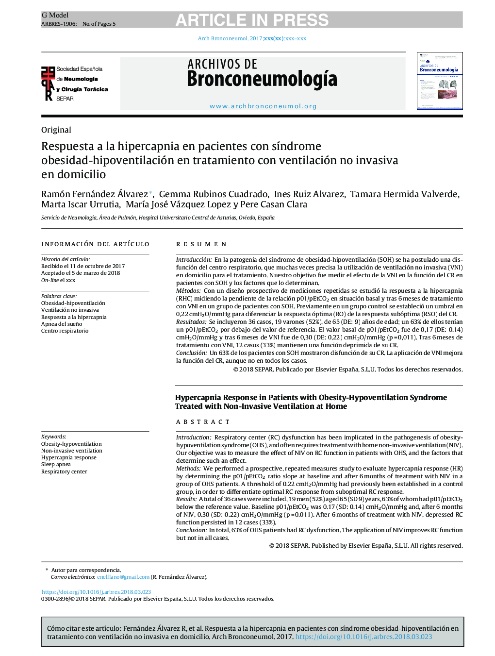 Respuesta a la hipercapnia en pacientes con sÃ­ndrome obesidad-hipoventilación en tratamiento con ventilación no invasiva en domicilio