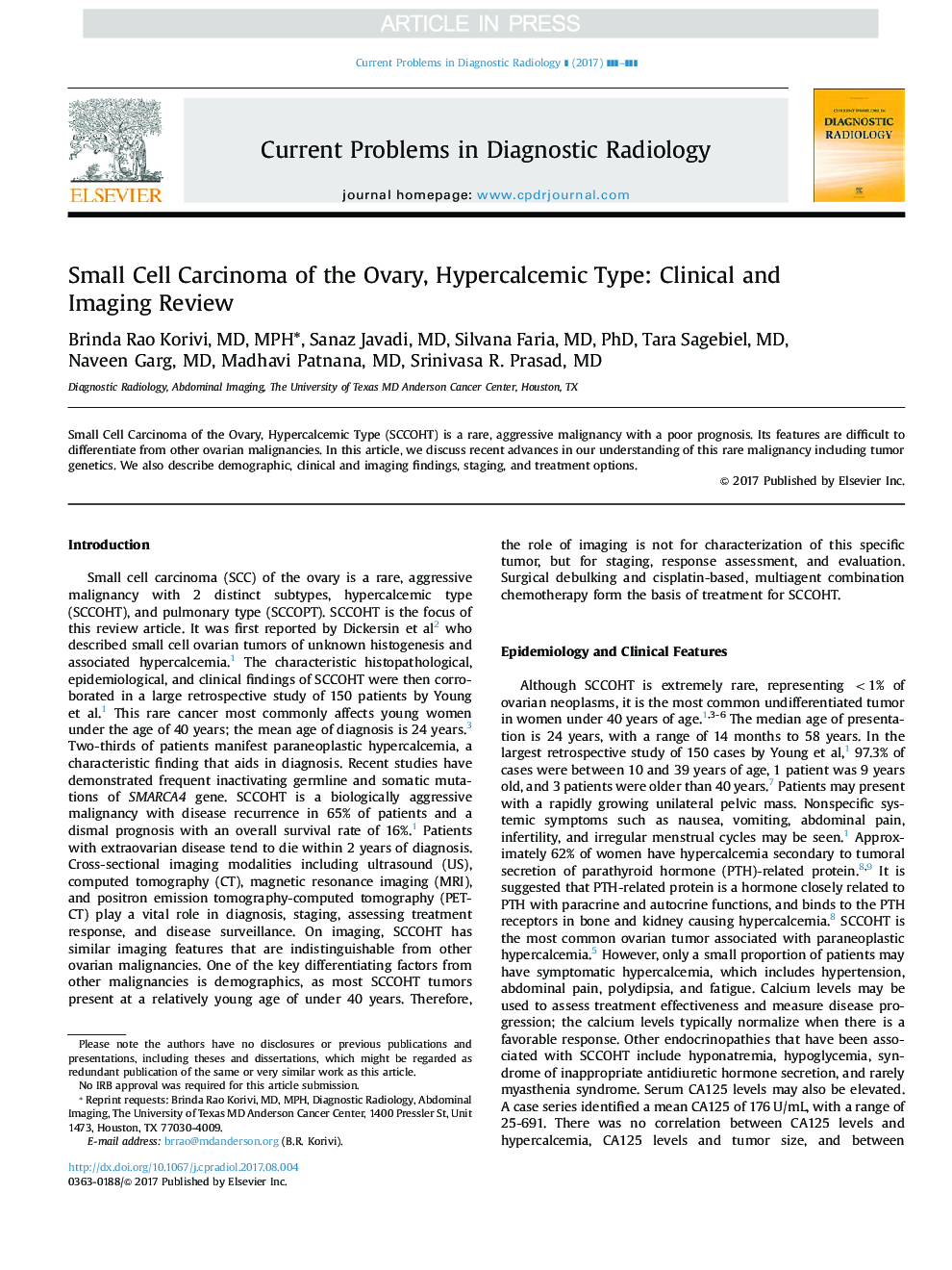 Small Cell Carcinoma of the Ovary, Hypercalcemic Type: Clinical and Imaging Review