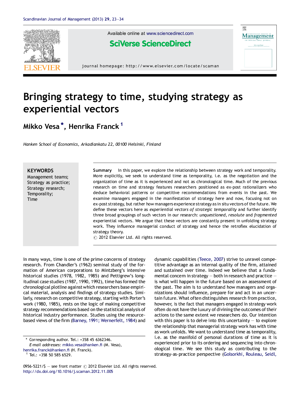 Bringing strategy to time, studying strategy as experiential vectors