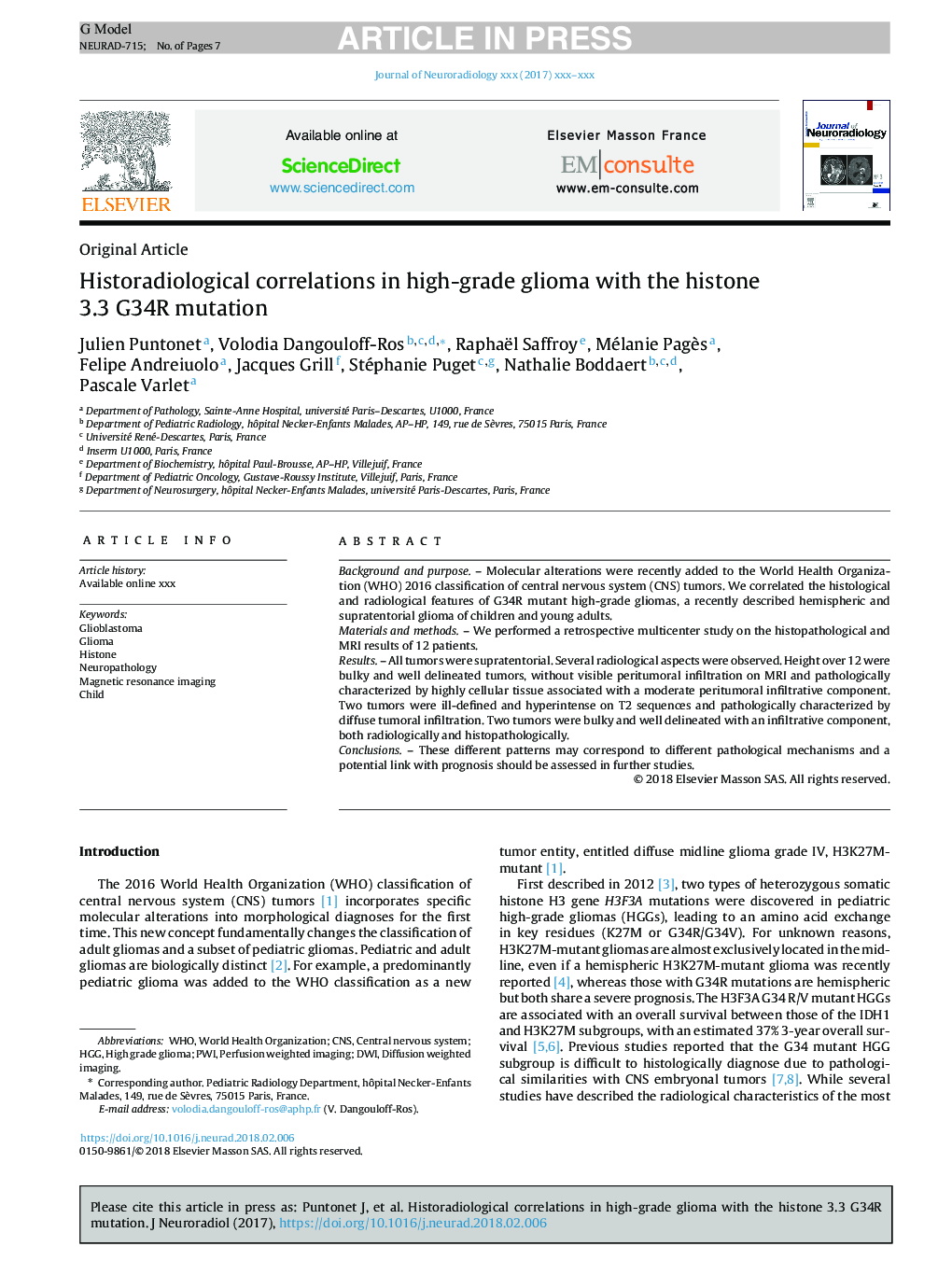 Historadiological correlations in high-grade glioma with the histone 3.3 G34R mutation