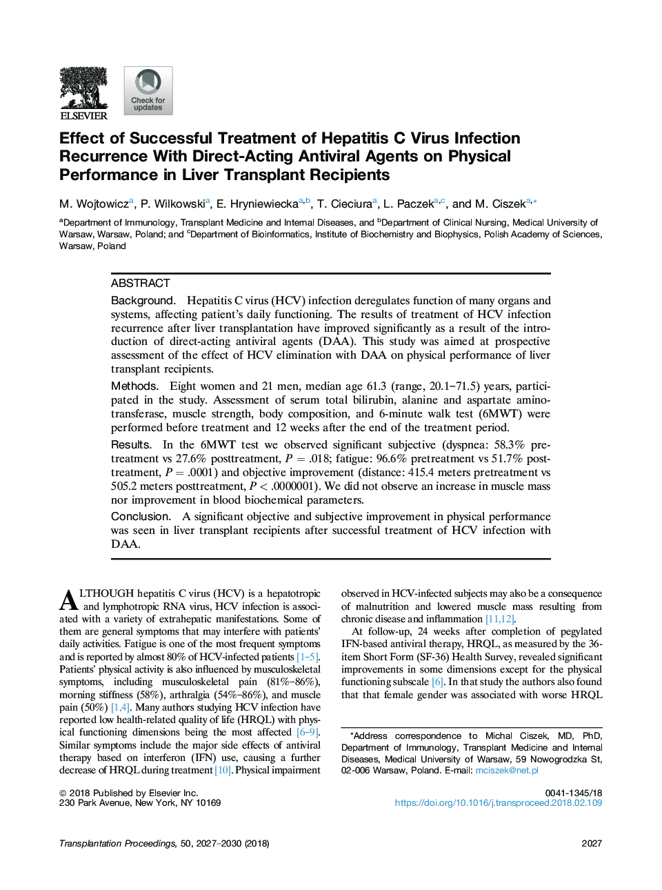 Effect of Successful Treatment of Hepatitis C Virus Infection Recurrence With Direct-Acting Antiviral Agents on Physical Performance in Liver Transplant Recipients