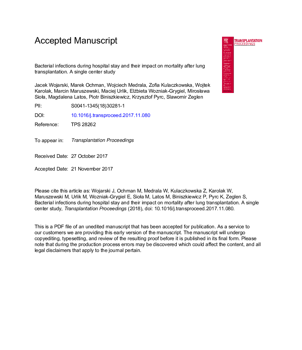 Bacterial Infections During Hospital Stay and Their Impact on Mortality After Lung Transplantation: A Single-Center Study