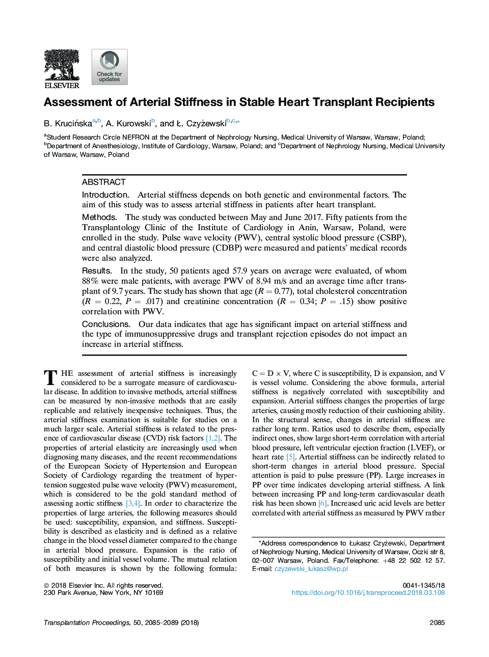 Assessment of Arterial Stiffness in Stable Heart Transplant Recipients