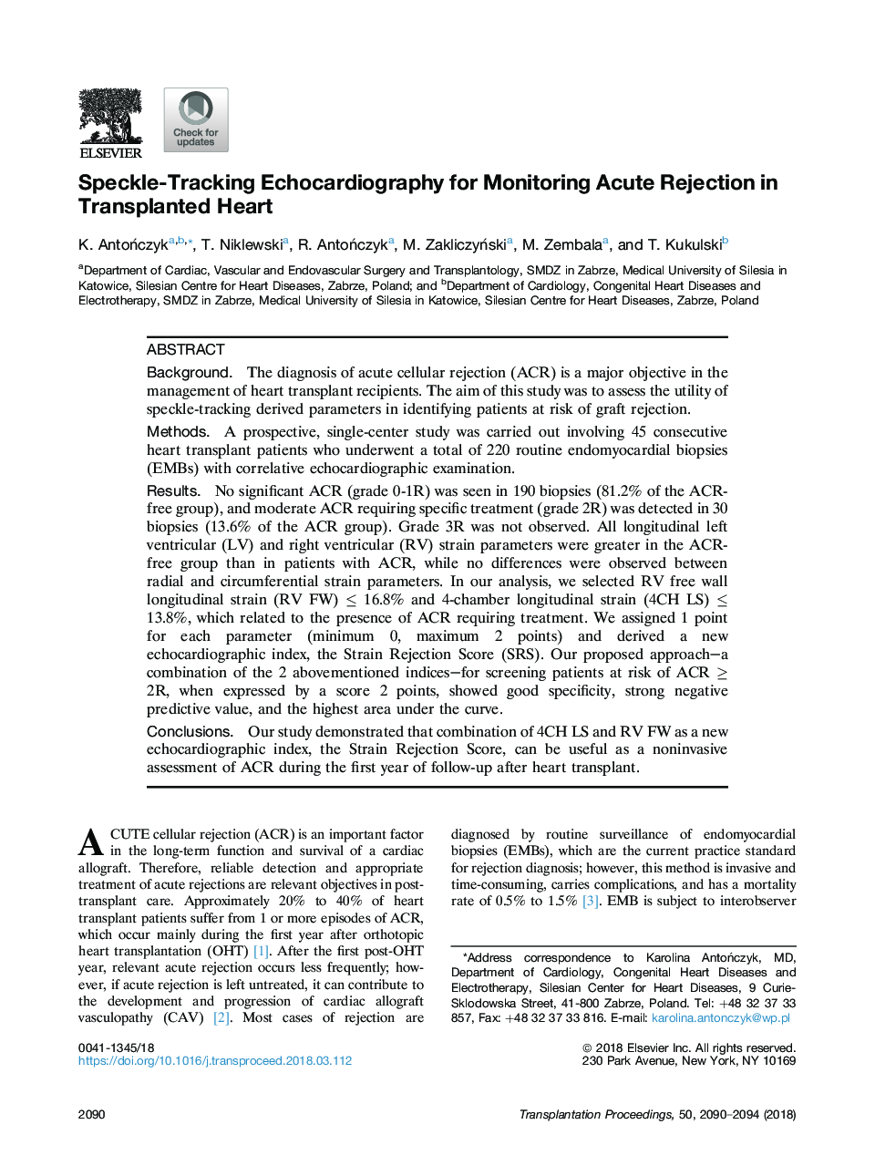 Speckle-Tracking Echocardiography for Monitoring Acute Rejection in Transplanted Heart