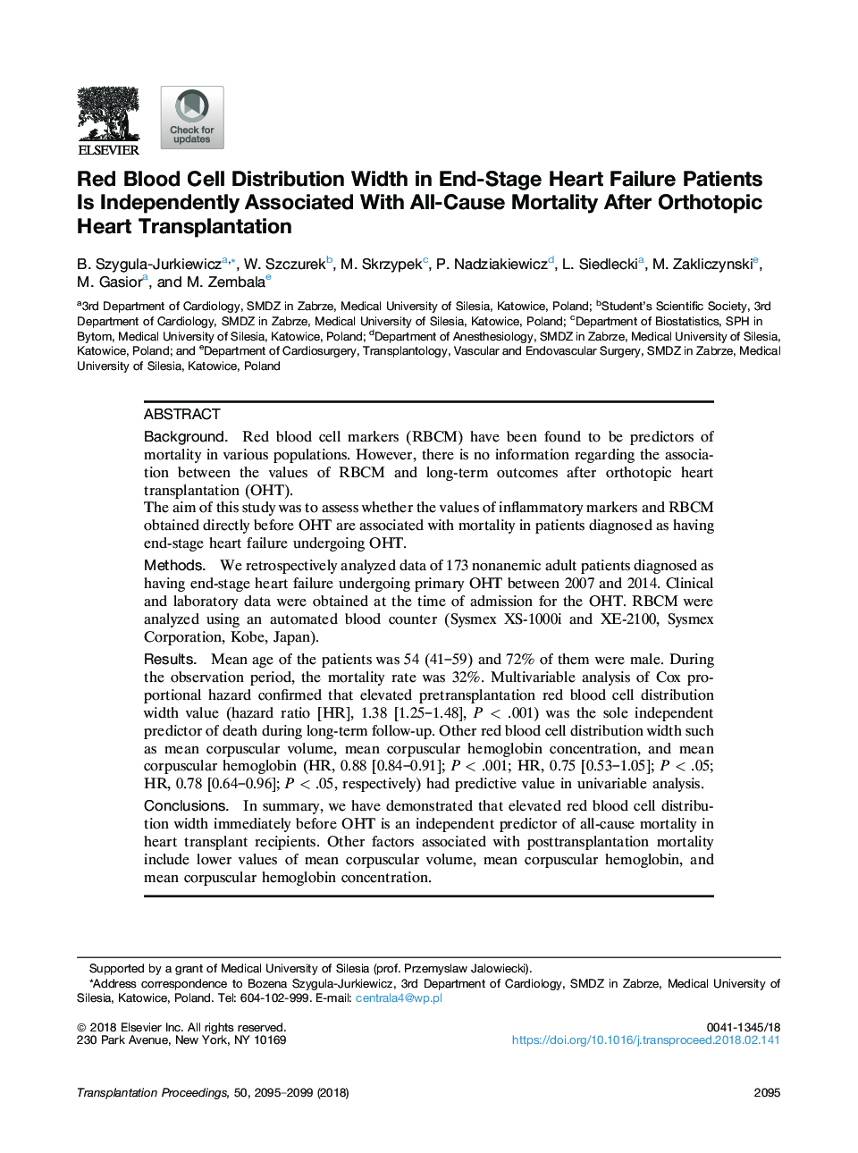 Red Blood Cell Distribution Width in End-Stage Heart Failure Patients Is Independently Associated With All-Cause Mortality After Orthotopic Heart Transplantation