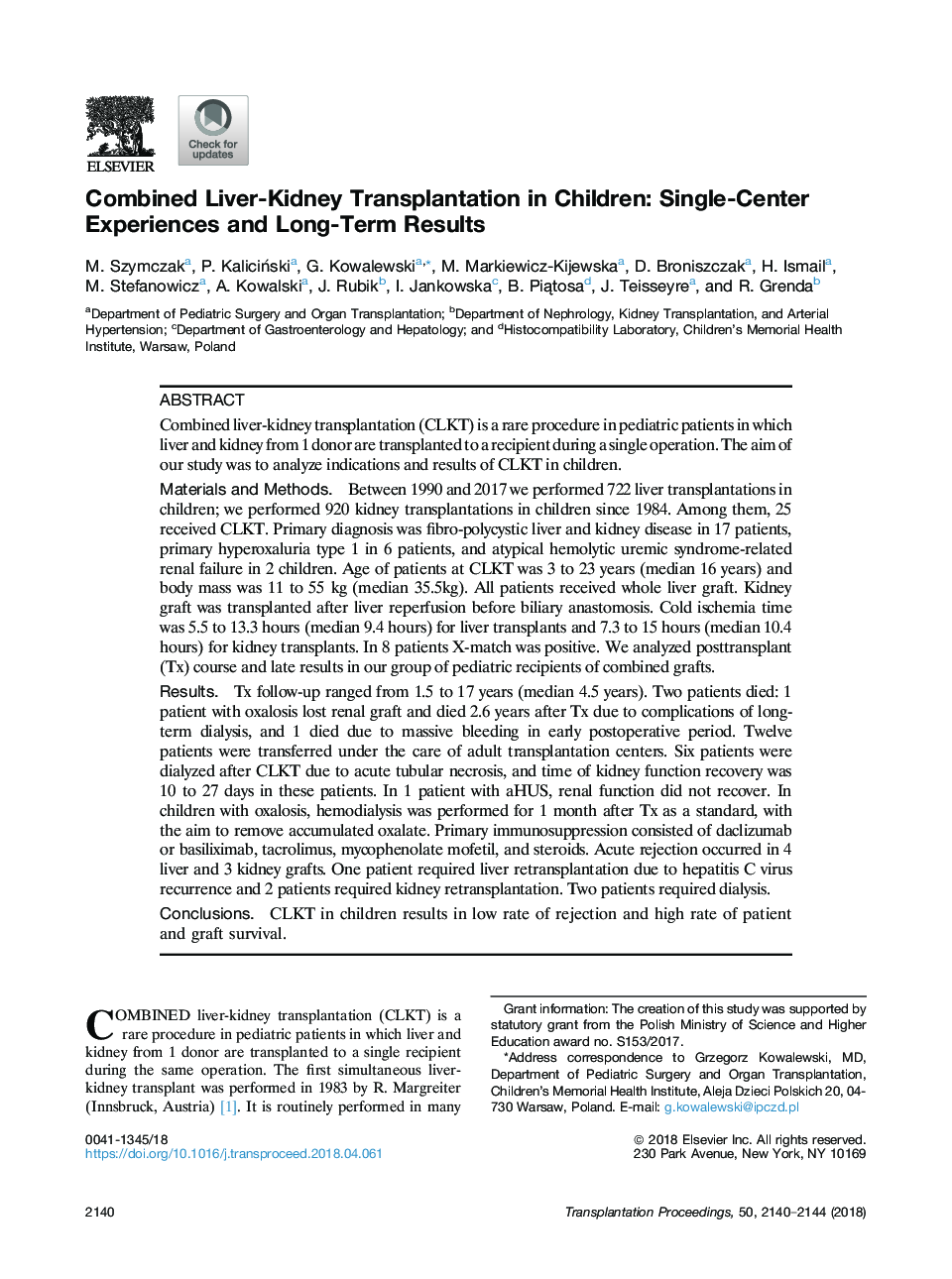 Combined Liver-Kidney Transplantation in Children: Single-Center Experiences and Long-Term Results