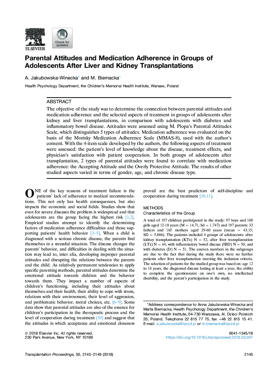 Parental Attitudes and Medication Adherence in Groups of Adolescents After Liver and Kidney Transplantations