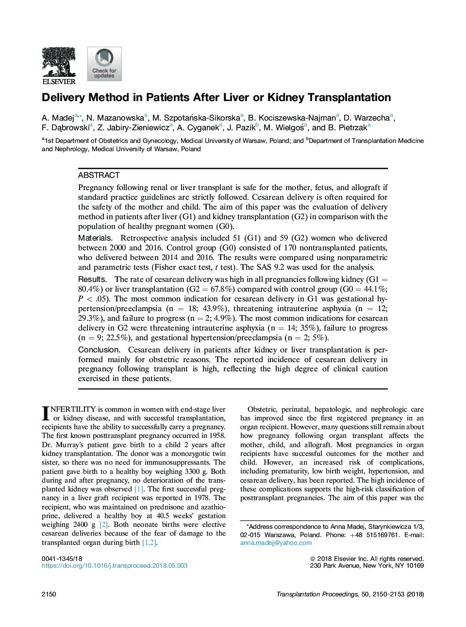 Delivery Method in Patients After Liver or Kidney Transplantation