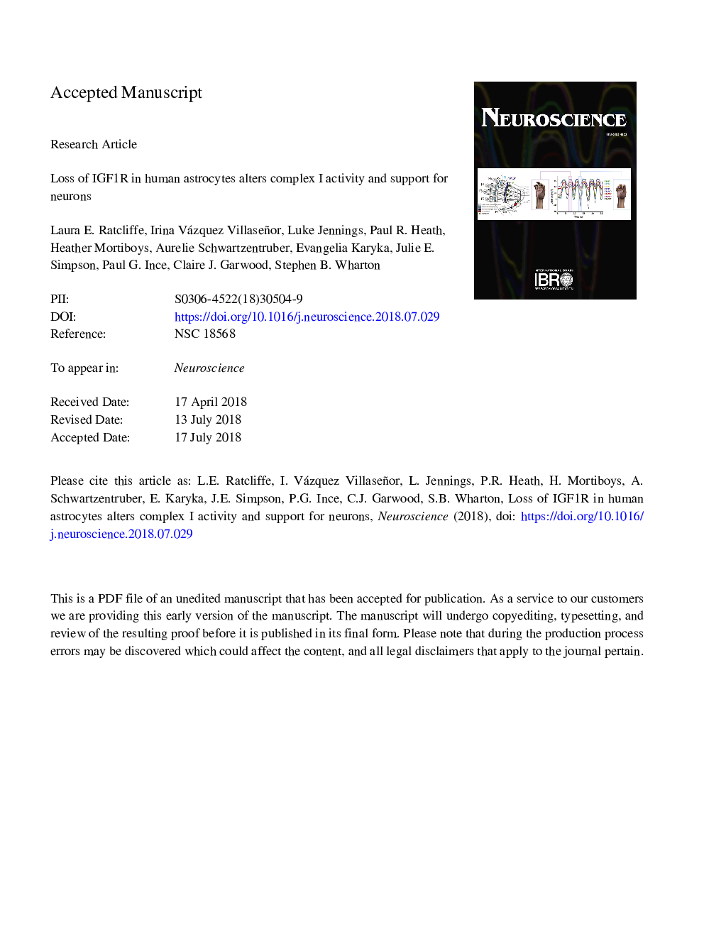 Loss of IGF1R in Human Astrocytes Alters Complex I Activity and Support for Neurons