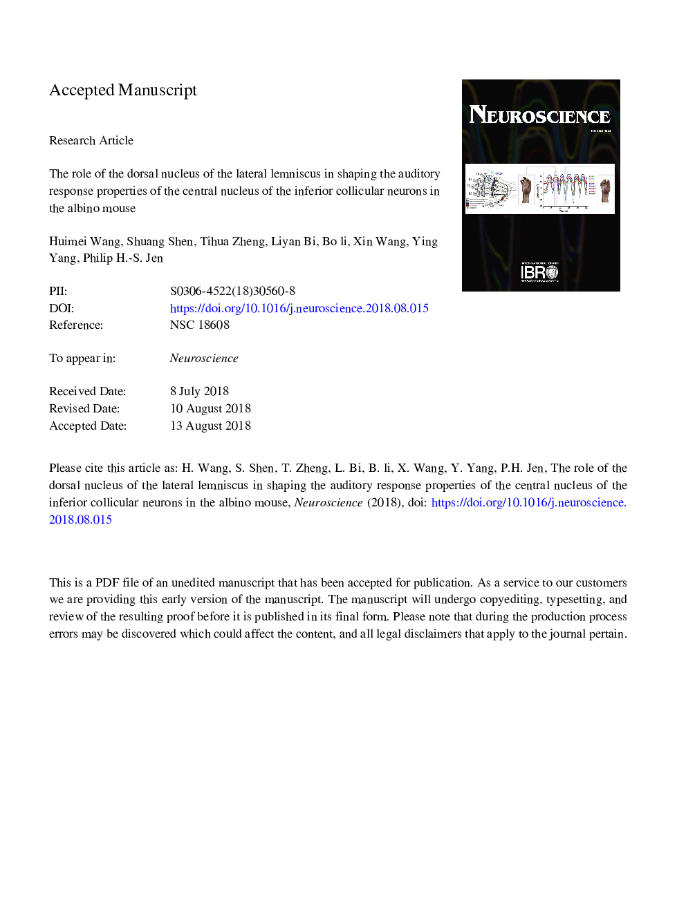نقش هسته پشتی لننوسوس جانبی در شکل دادن ویژگی های واکنش شنیداری هسته مرکزی نورون های کولیکولی پایین در موش آلبینیو