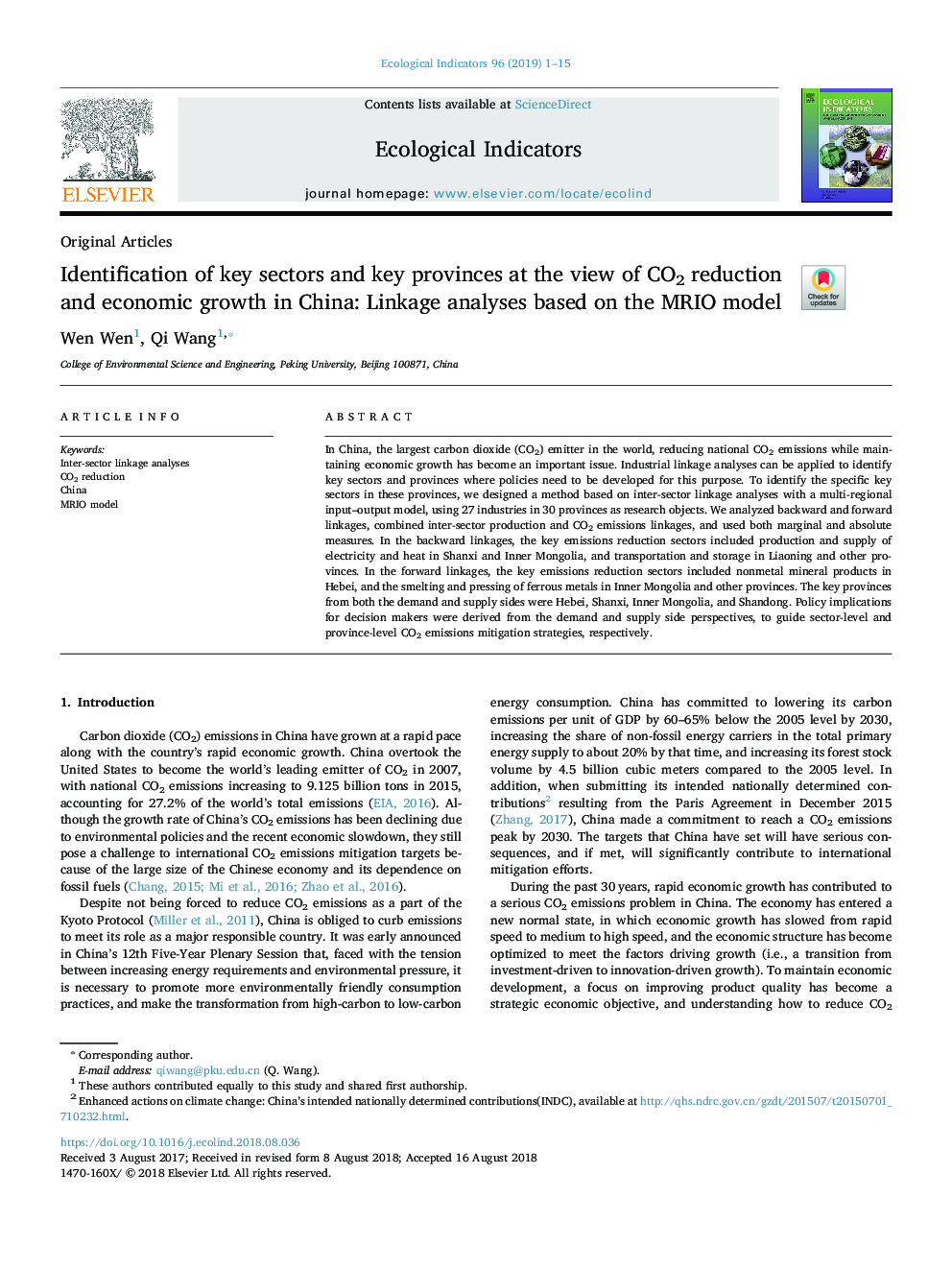 Identification of key sectors and key provinces at the view of CO2 reduction and economic growth in China: Linkage analyses based on the MRIO model