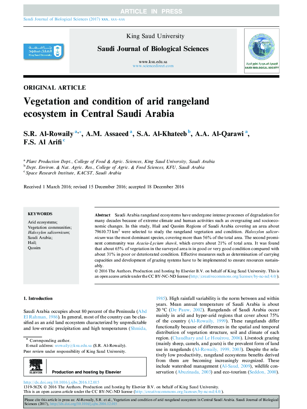 Vegetation and condition of arid rangeland ecosystem in Central Saudi Arabia