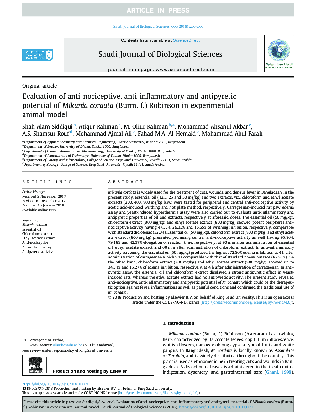 Evaluation of anti-nociceptive, anti-inflammatory and antipyretic potential of Mikania cordata (Burm. f.) Robinson in experimental animal model