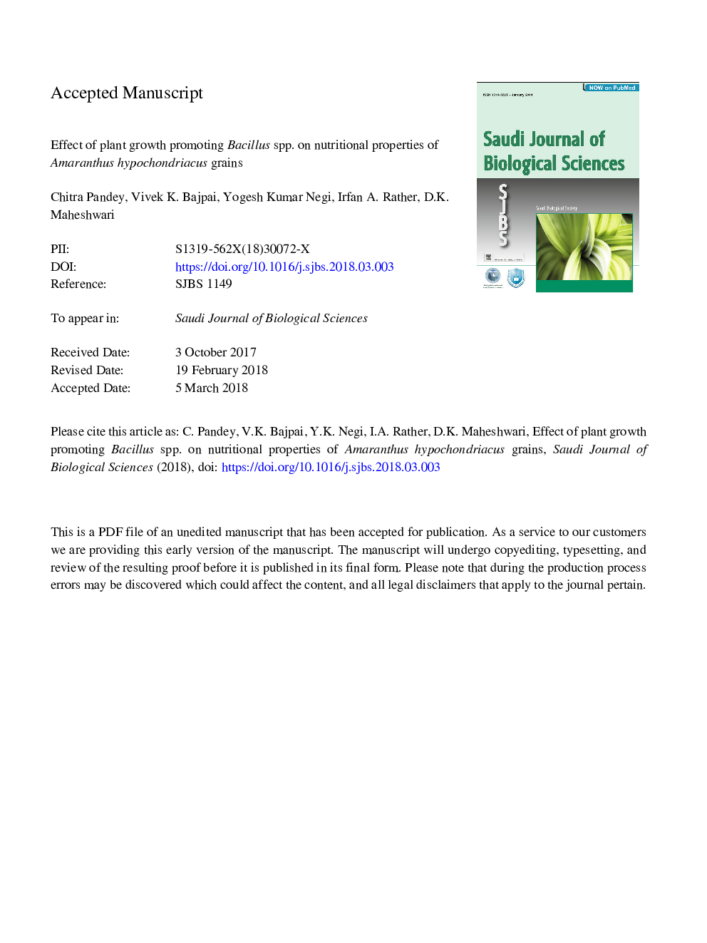 Effect of plant growth promoting Bacillus spp. on nutritional properties of Amaranthus hypochondriacus grains