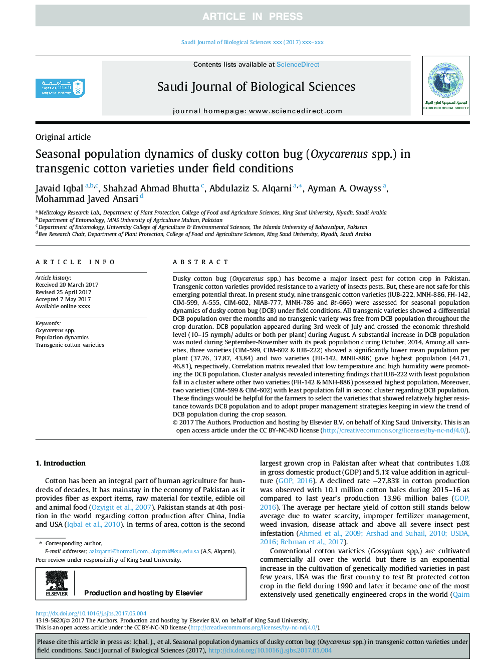 Seasonal population dynamics of dusky cotton bug (Oxycarenus spp.) in transgenic cotton varieties under field conditions