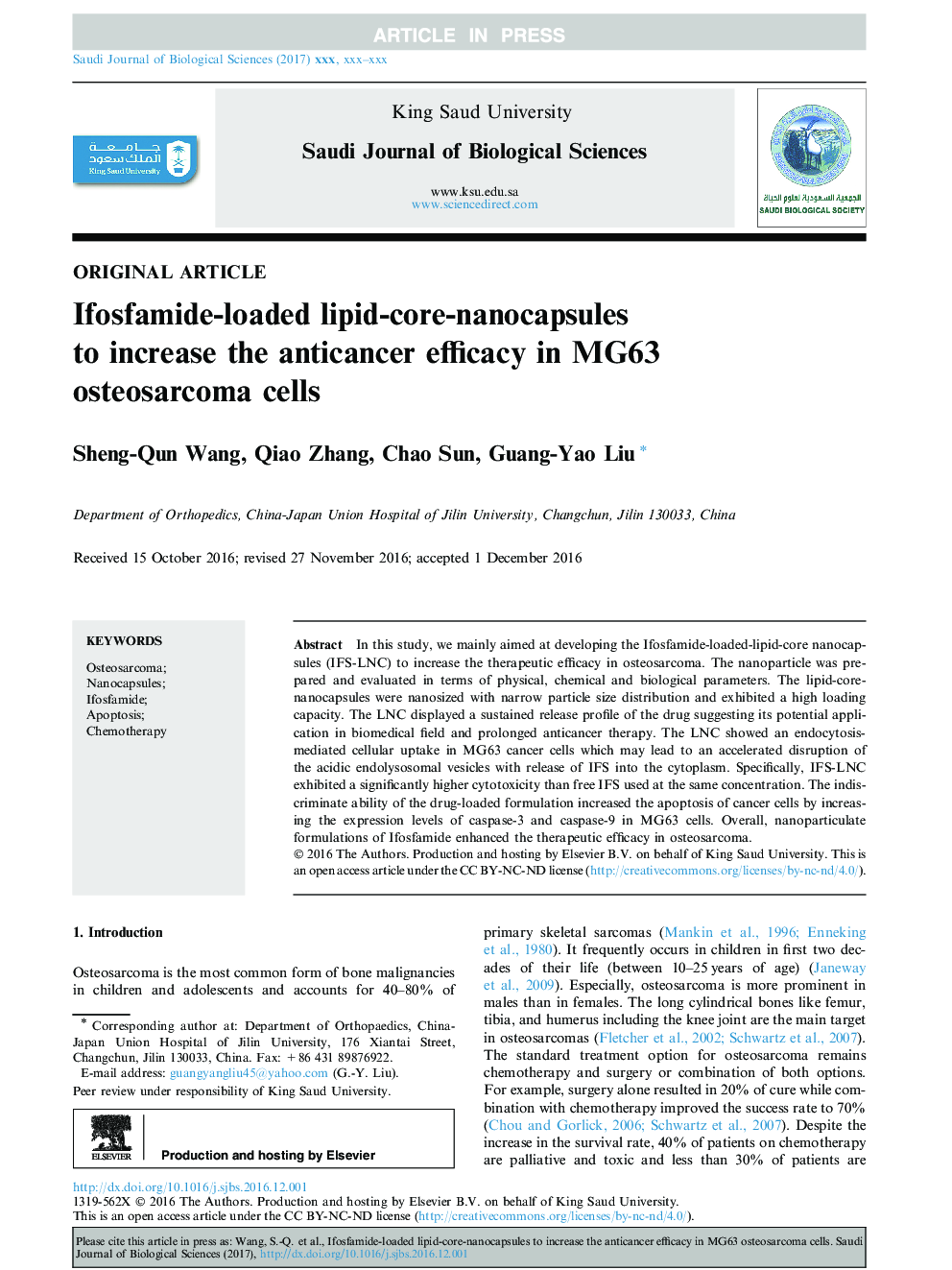 Ifosfamide-loaded lipid-core-nanocapsules to increase the anticancer efficacy in MG63 osteosarcoma cells