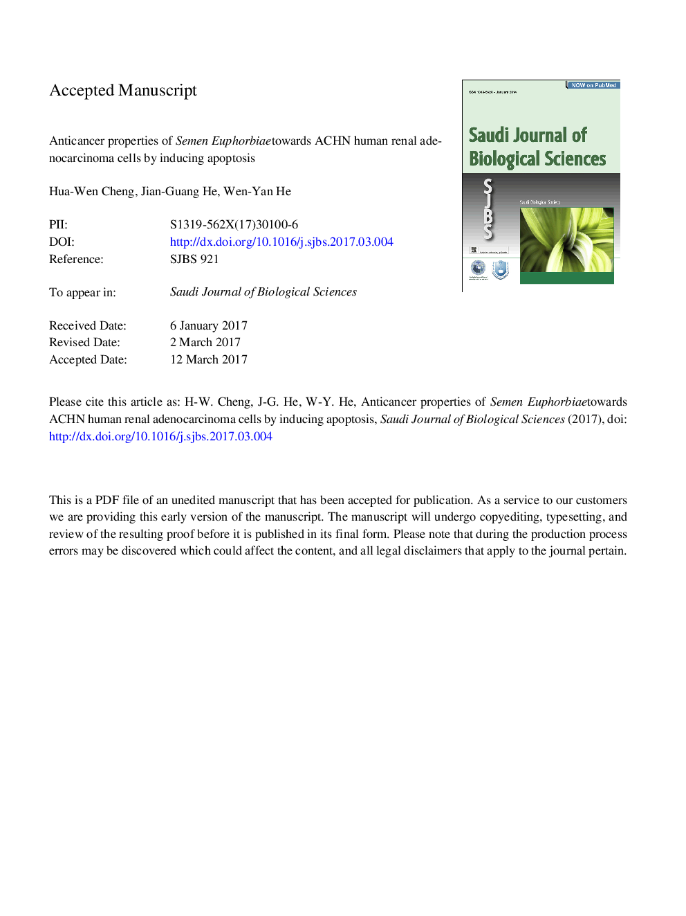 Anticancer properties of Semen Euphorbiae towards ACHN human renal adenocarcinoma cells by inducing apoptosis