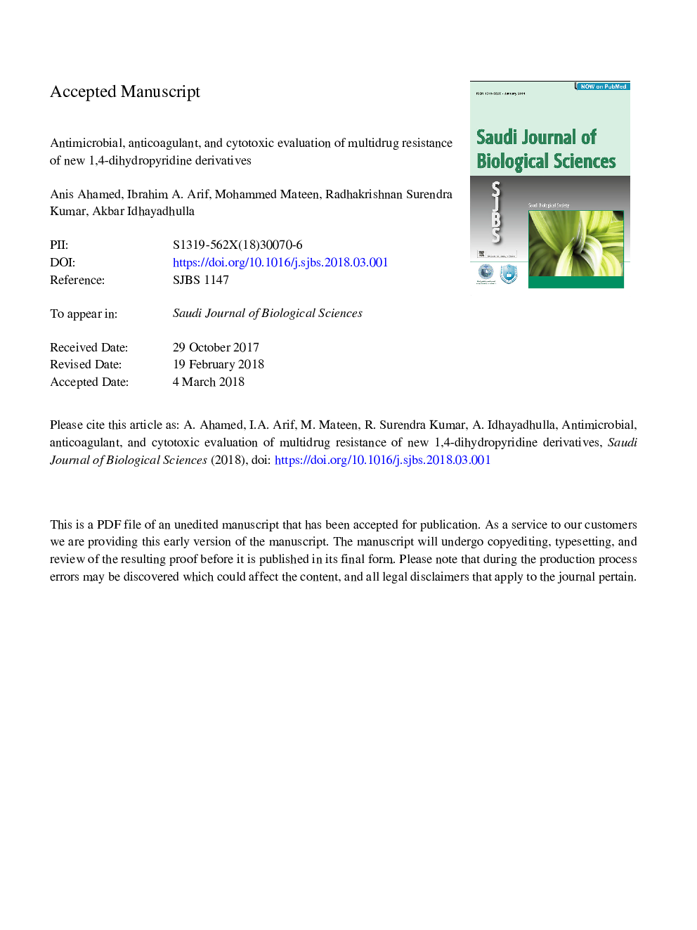 Antimicrobial, anticoagulant, and cytotoxic evaluation of multidrug resistance of new 1,4-dihydropyridine derivatives