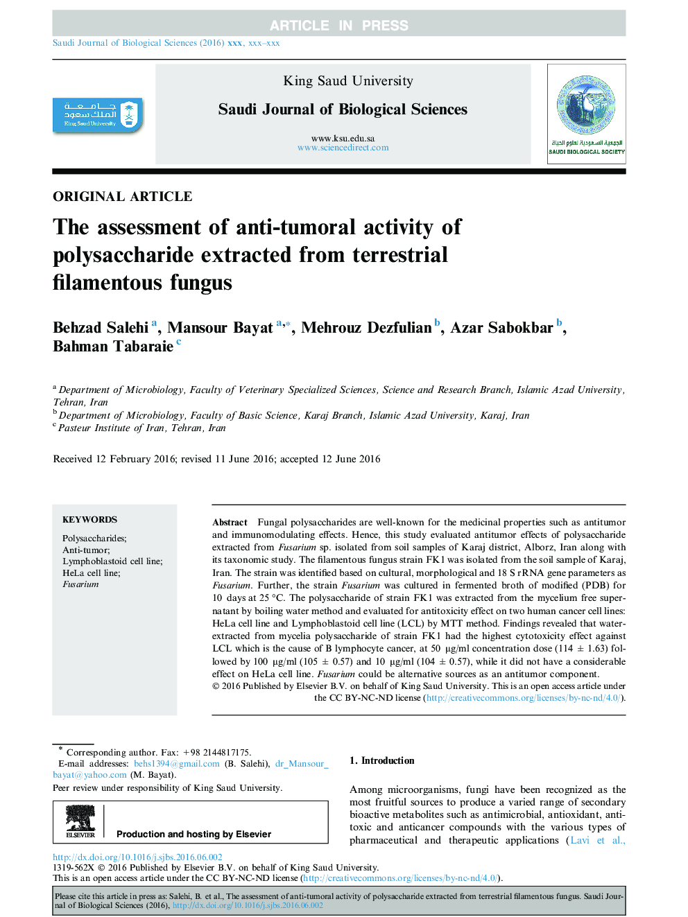 The assessment of anti-tumoral activity of polysaccharide extracted from terrestrial filamentous fungus