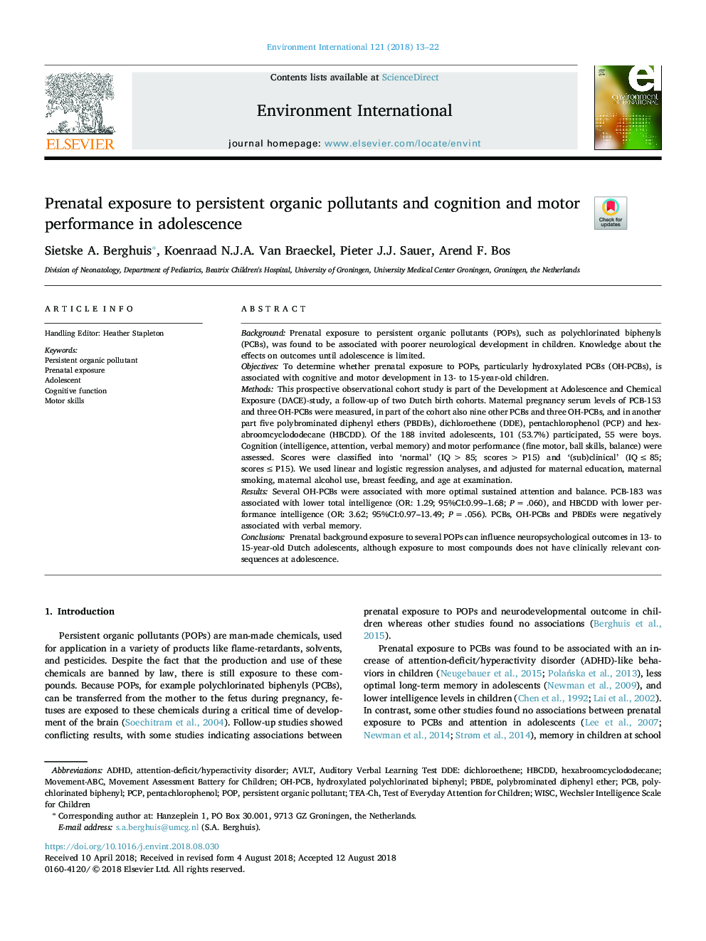 Prenatal exposure to persistent organic pollutants and cognition and motor performance in adolescence