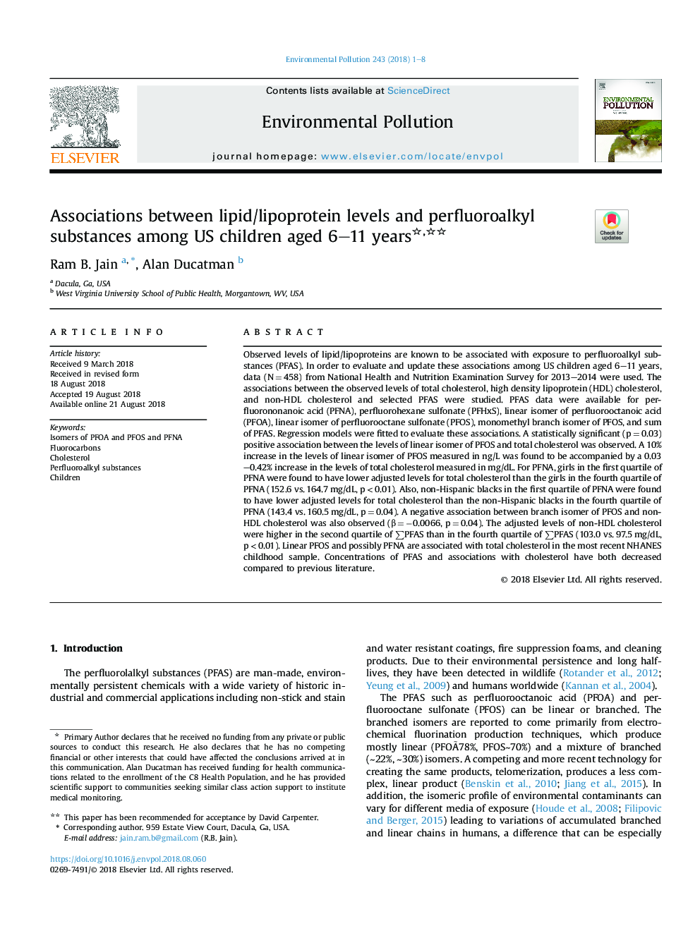 ارتباط بین سطوح چربی / لیپوپروتئین و مواد پرفروفیالکلی در میان کودکان 6 تا 11 ساله ایالات متحده