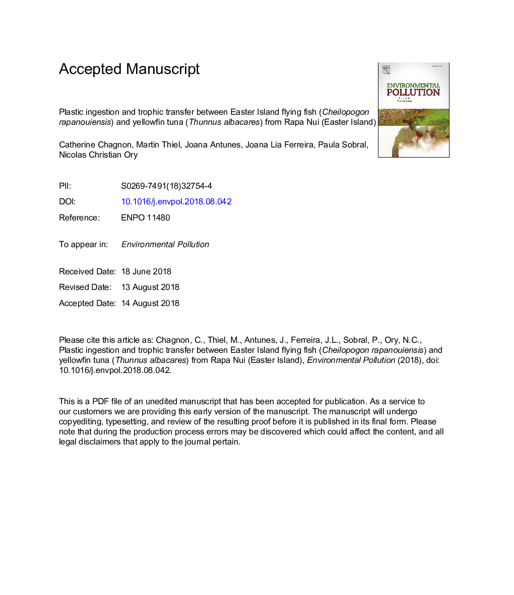 Plastic ingestion and trophic transfer between Easter Island flying fish (Cheilopogon rapanouiensis) and yellowfin tuna (Thunnus albacares) from Rapa Nui (Easter Island)