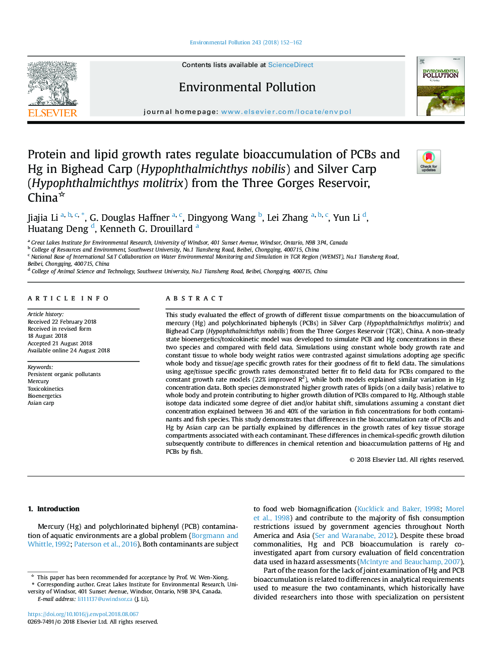 Protein and lipid growth rates regulate bioaccumulation of PCBs and Hg in Bighead Carp (Hypophthalmichthys nobilis) and Silver Carp (Hypophthalmichthys molitrix) from the Three Gorges Reservoir, China