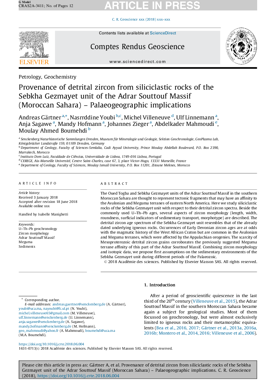 Provenance of detrital zircon from siliciclastic rocks of the Sebkha Gezmayet unit of the Adrar Souttouf Massif (Moroccan Sahara) -Â Palaeogeographic implications