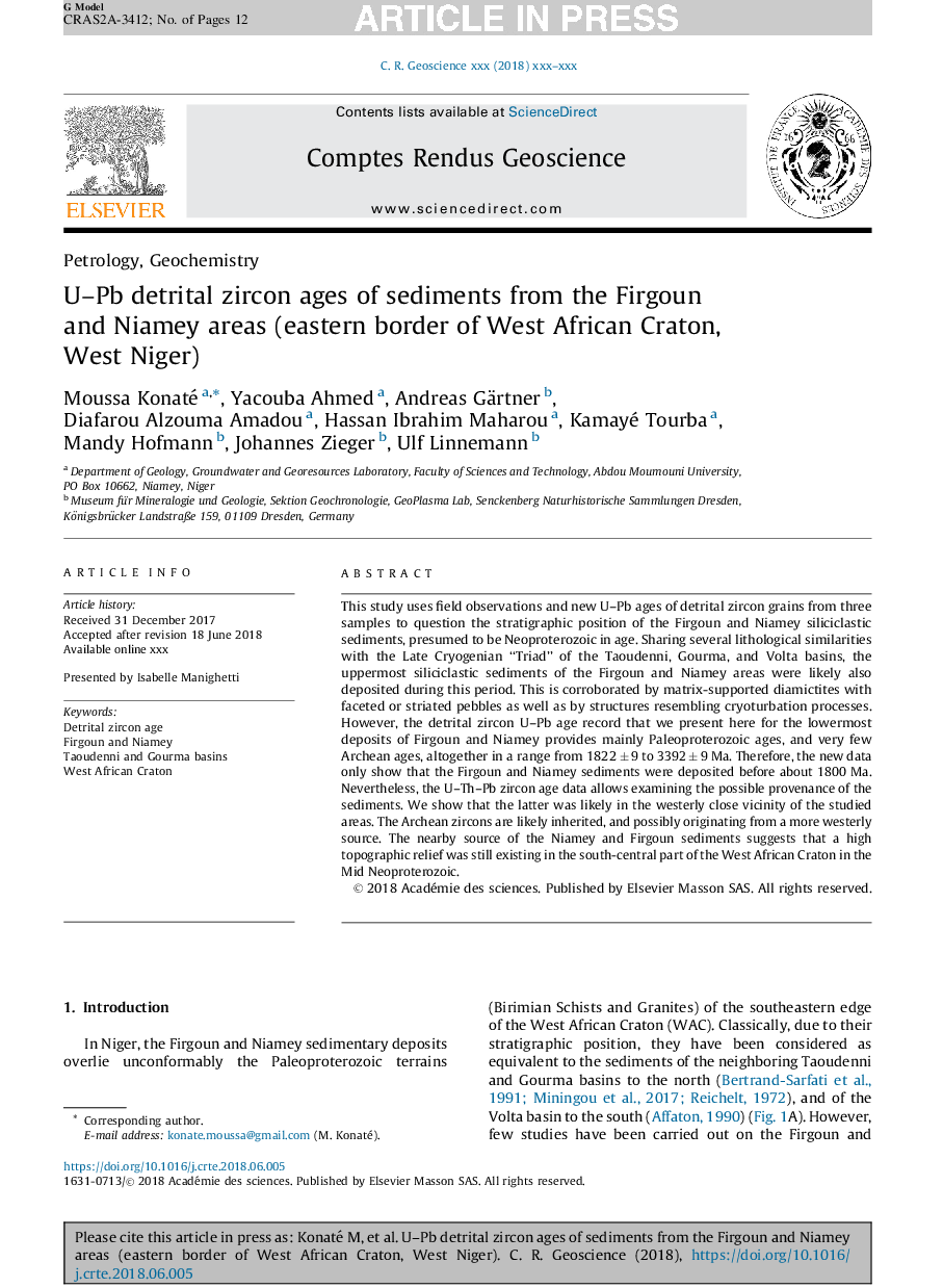 U-Pb detrital zircon ages of sediments from the Firgoun and Niamey areas (eastern border of West African Craton, West Niger)