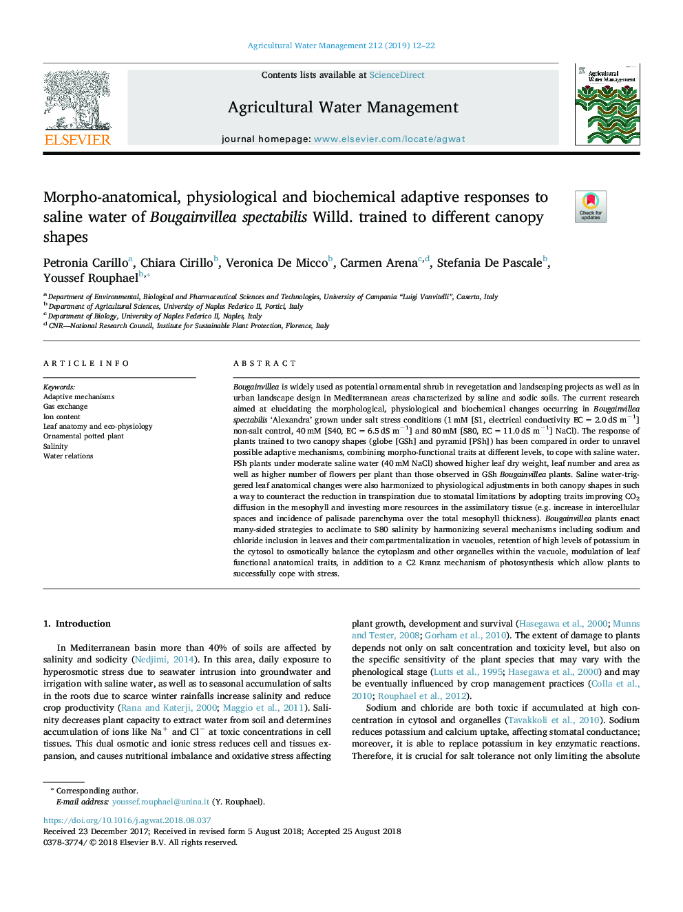 Morpho-anatomical, physiological and biochemical adaptive responses to saline water of Bougainvillea spectabilis Willd. trained to different canopy shapes