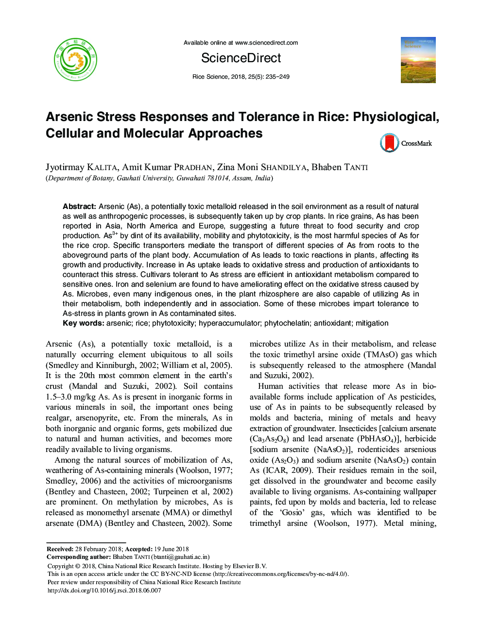 Arsenic Stress Responses and Tolerance in Rice: Physiological, Cellular and Molecular Approaches