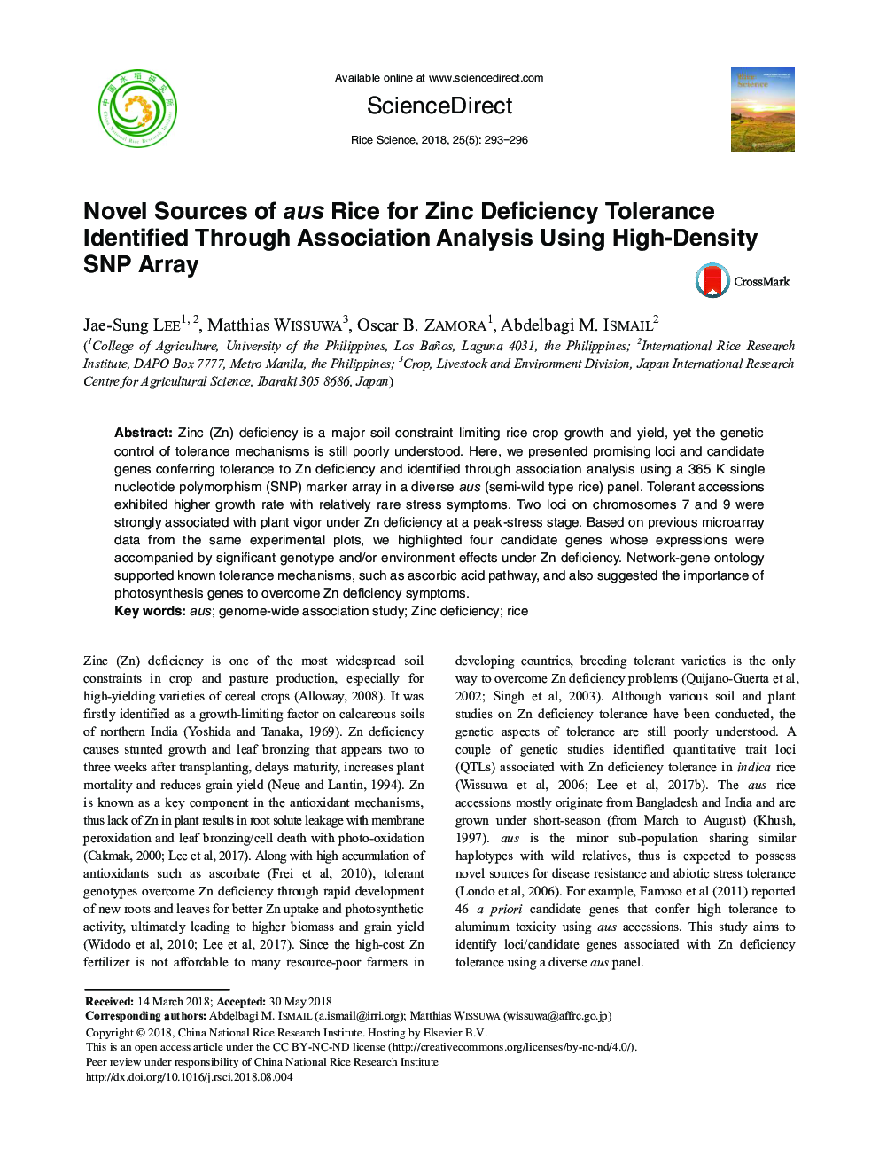 Novel Sources of aus Rice for Zinc Deficiency Tolerance Identified Through Association Analysis Using High-Density SNP Array